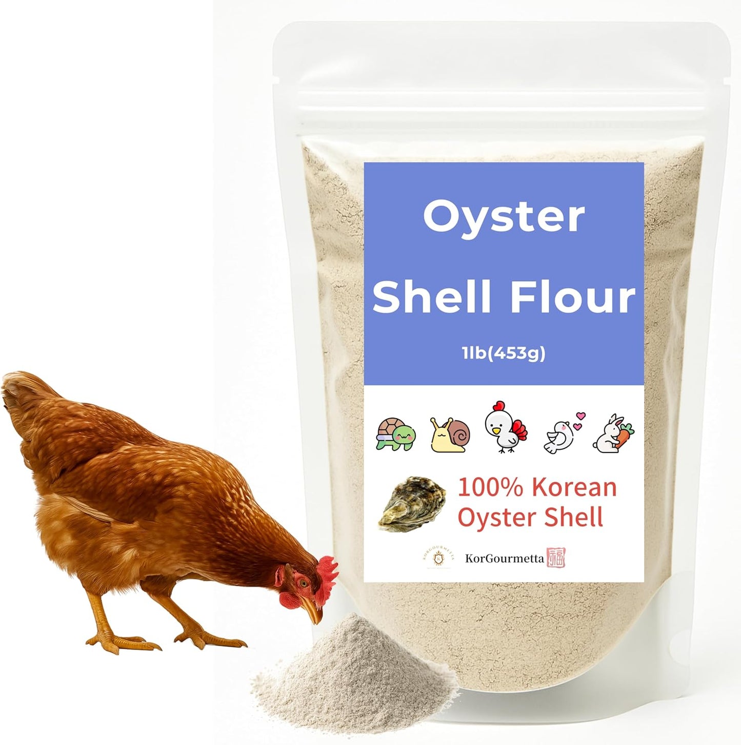KorGourmetta Oyster Shell Flour front view packaging of natural calcium supplement.