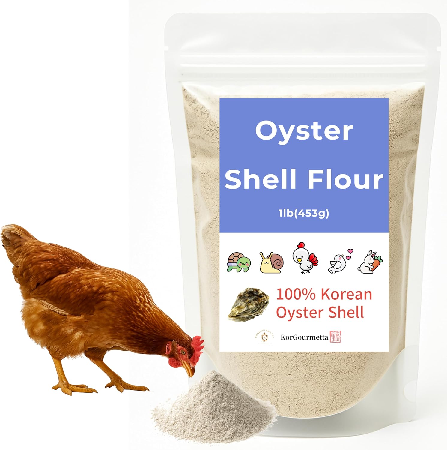 KorGourmetta Oyster Shell Flour front view packaging of natural calcium supplement.
