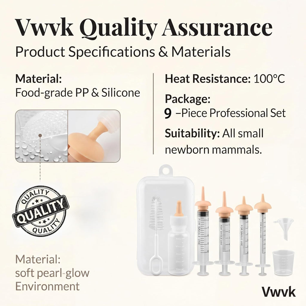 High temperature resistant silicone nipples and fifty milliliter bottle included in Vwvk kit