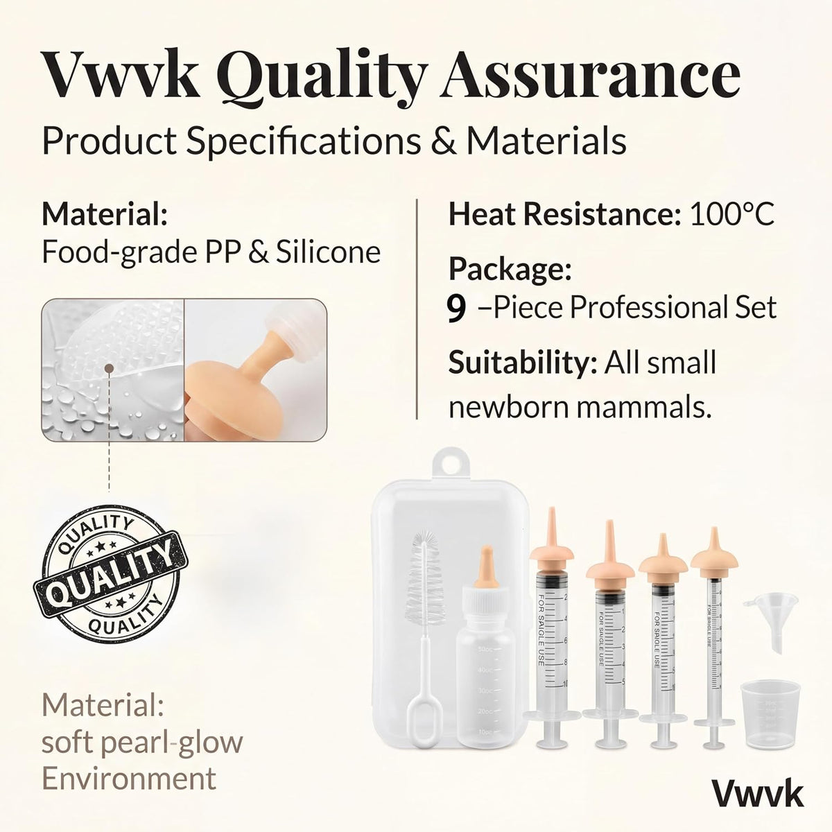 High temperature resistant silicone nipples and fifty milliliter bottle included in Vwvk kit