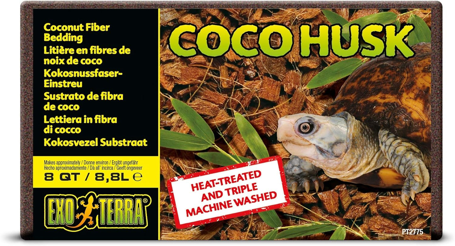 Exo Terra Coco Husk Brick front view of packaging showcasing natural coconut fiber substrate for tropical terrariums.