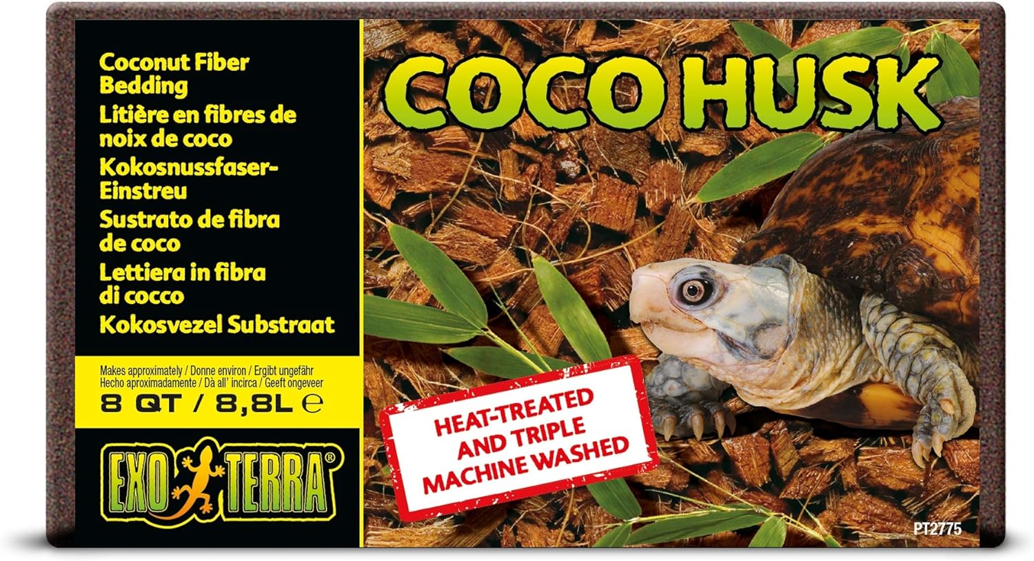 Exo Terra Coco Husk Brick front view of packaging showcasing natural coconut fiber substrate for tropical terrariums.