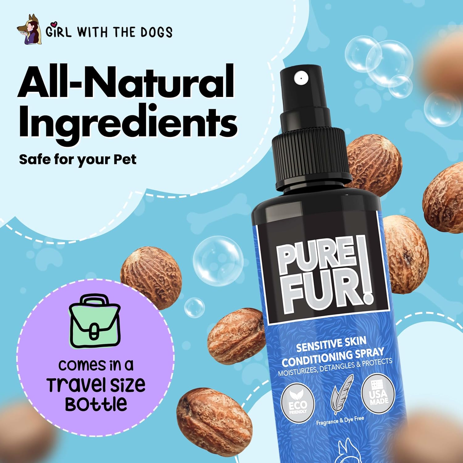 USA imported Girl With The Dogs sensitive skin conditioning spray for dogs close up