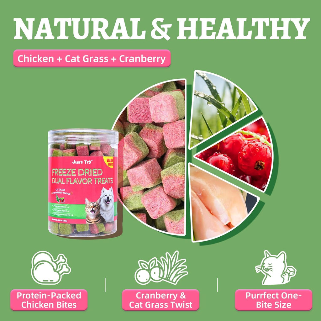 Just Try high protein indoor cat training treats nutritional label and high-protein ingredient details.