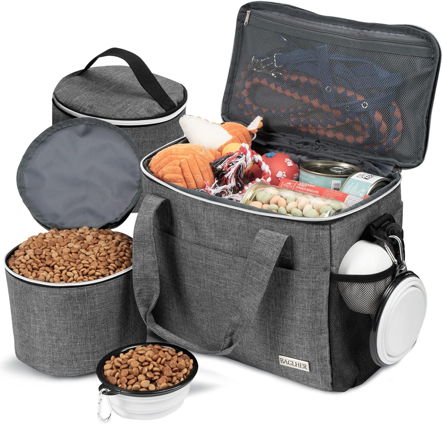 BAGLHER Dog Travel Bag for Supplies - Double-Layer Airline Approved Weekend Pet Travel Organizer Set for Dog and Cat Tote with 2 Pet Food Containers and 2 Collapsible Silicone Bowls Green - Image 12