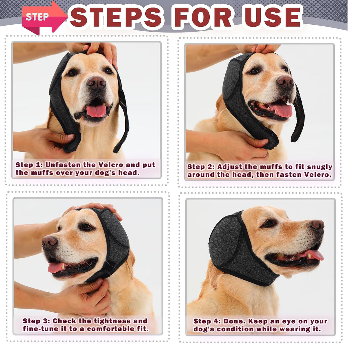 Meifsou large dog head wrap being fitted on a golden retriever.