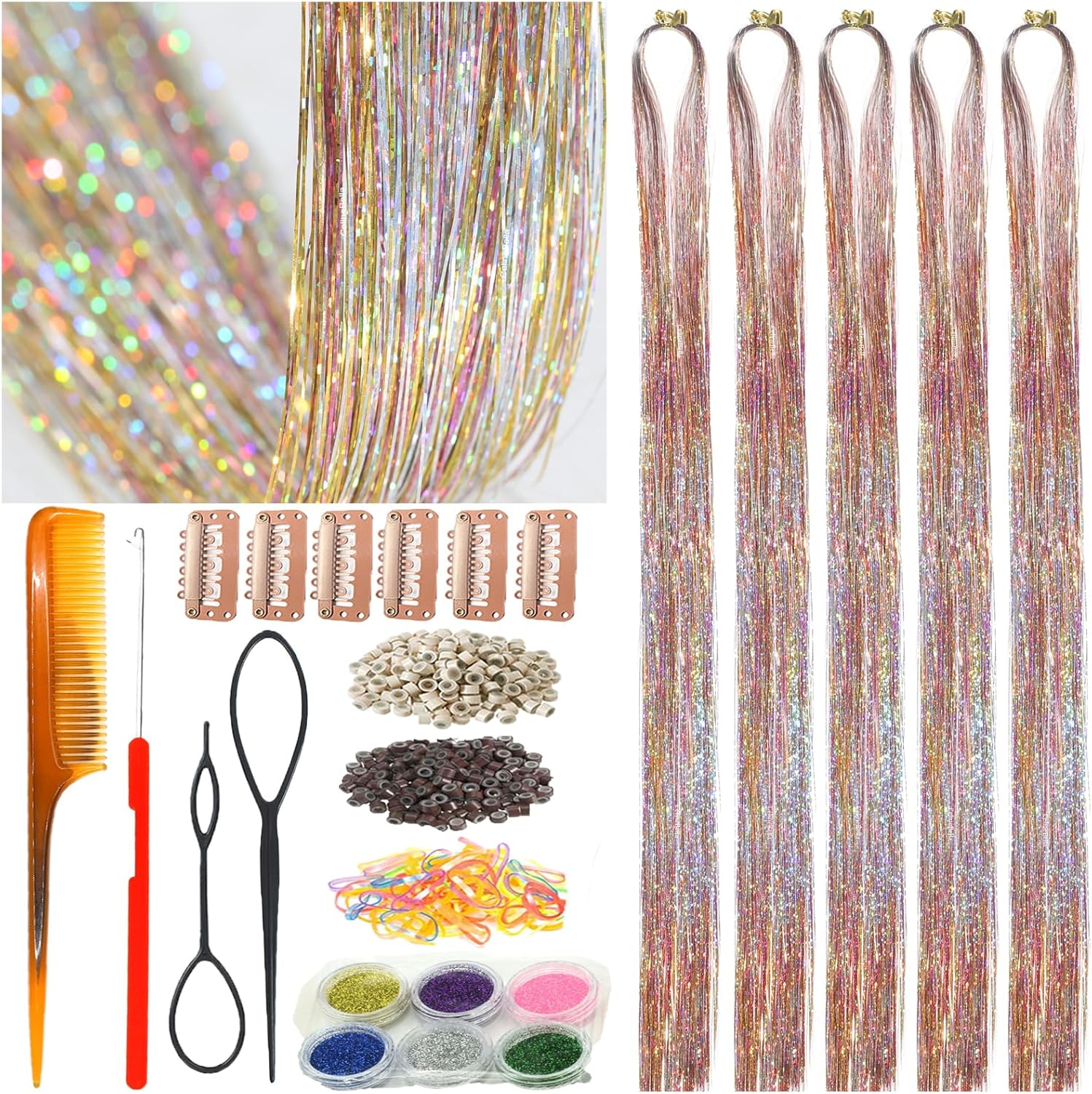 CelineBella Rainbow Hair Tinsel Kit front view showing the galaxy pattern gradient extensions and styling accessories.
