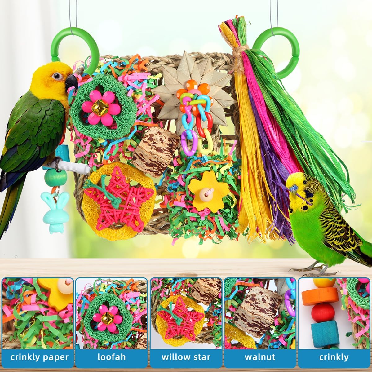 YIXUND bird chewing toy featuring acrylic chains and walnut shells for beak conditioning.