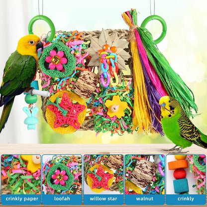 YIXUND bird chewing toy featuring acrylic chains and walnut shells for beak conditioning.