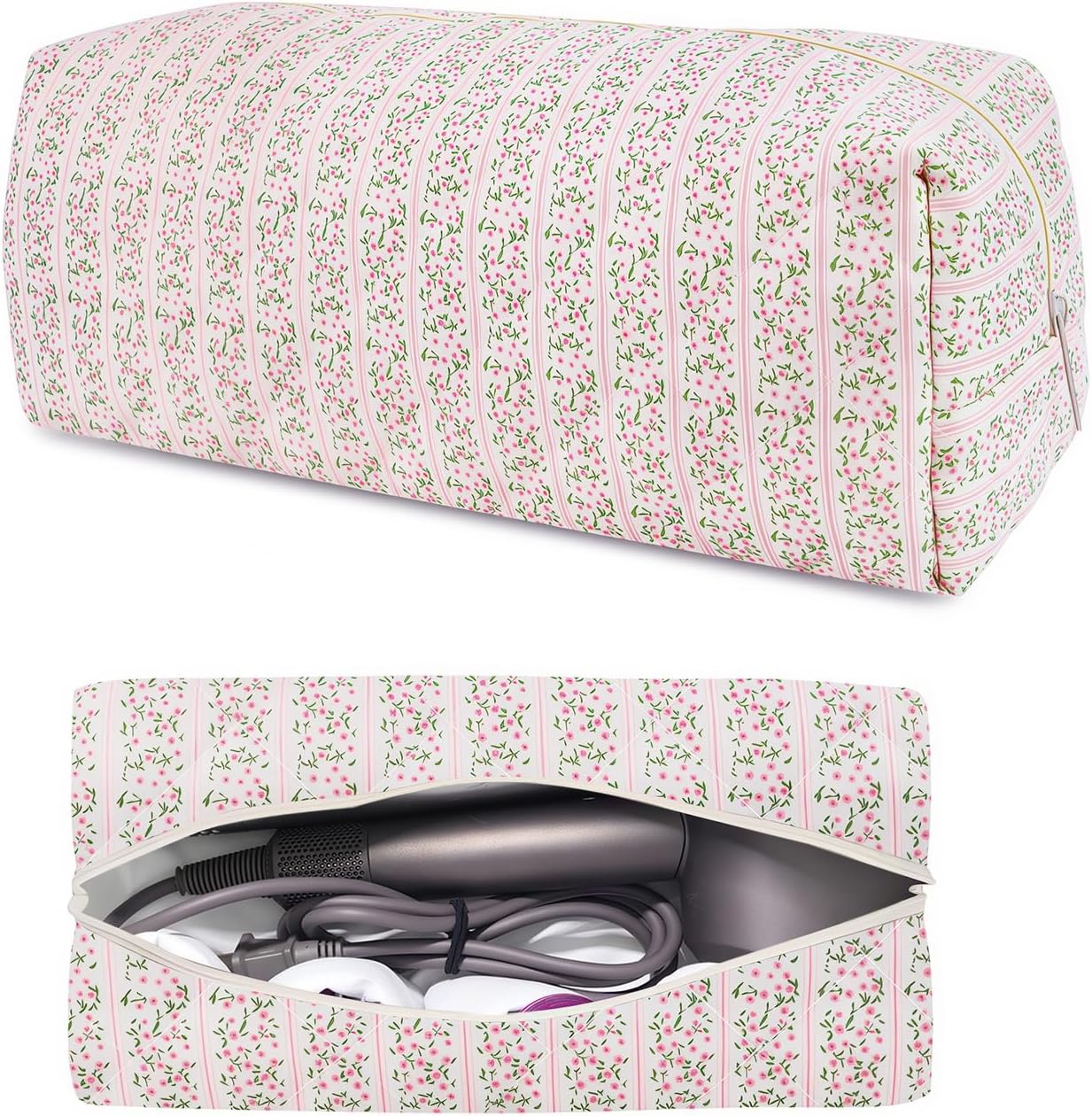 Dark Swan quilted floral hair tools travel bag pink front view showing pattern