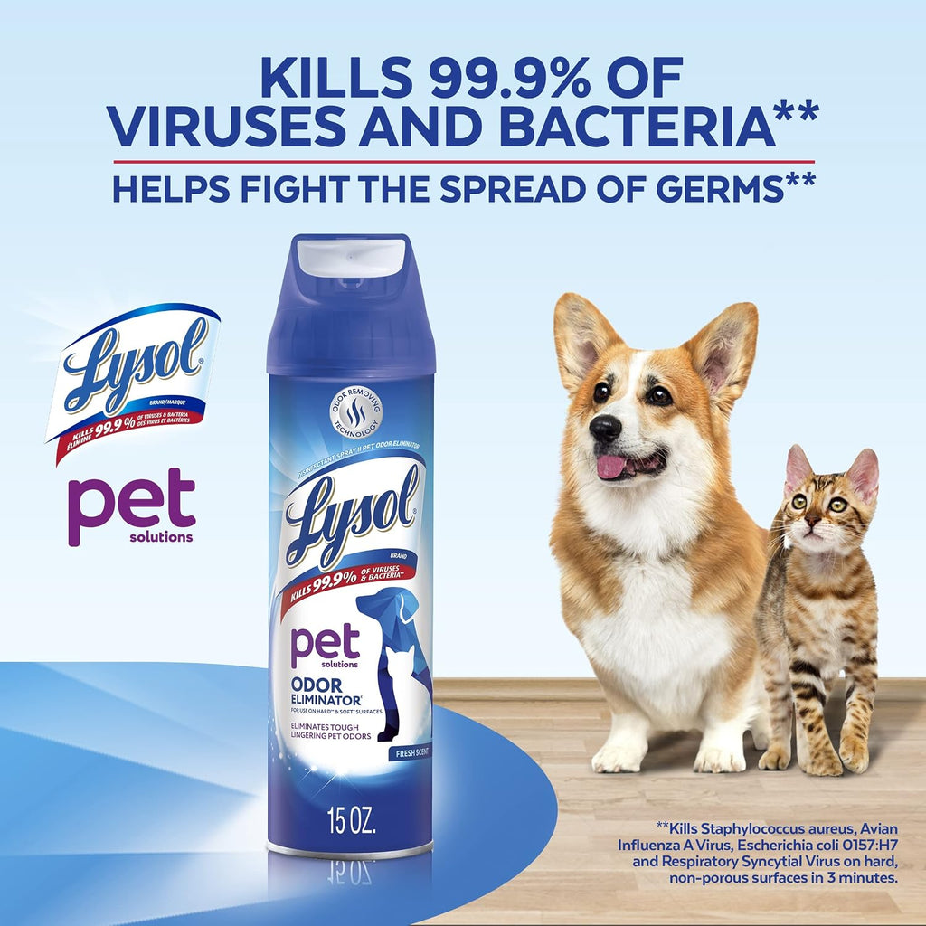 Lysol Pet Odor Eliminator being applied to a pet bed