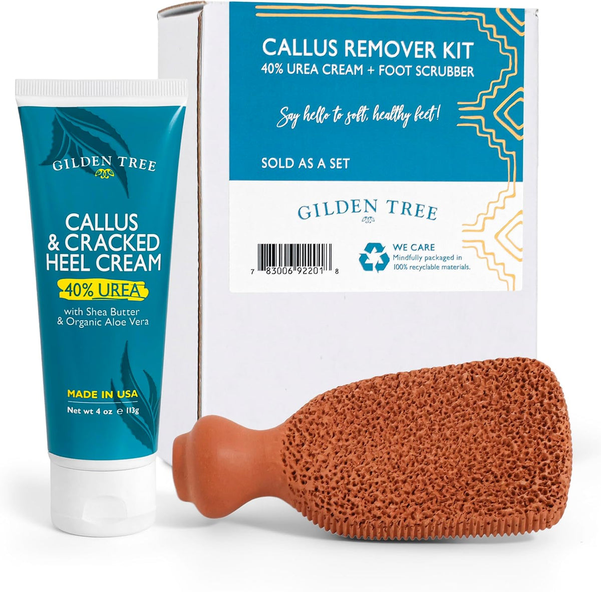 Gilden Tree Foot Callus Remover Kit front view showing urea cream tube and terra cotta stone.