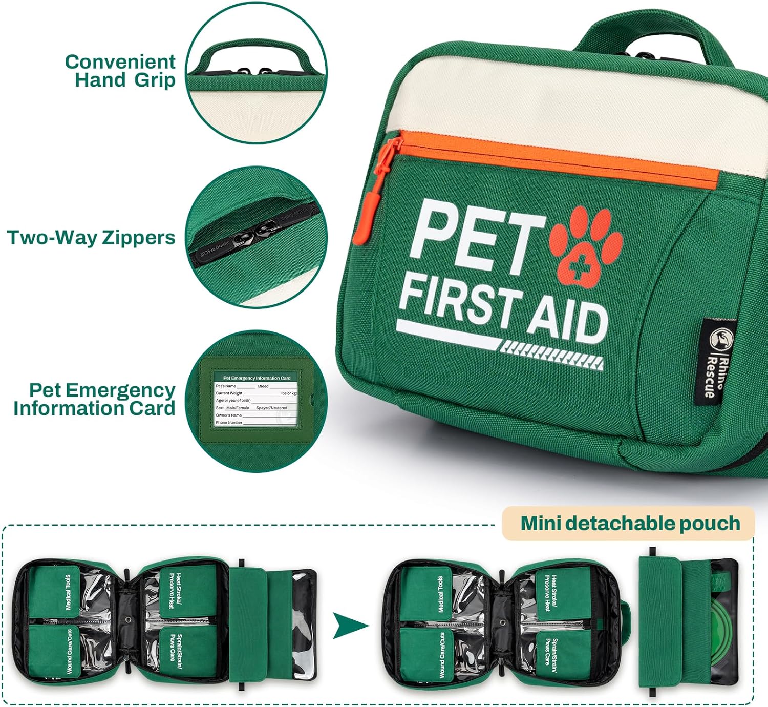 Rhino Rescue Pet First Aid Kit water resistant nine hundred denier polyester case close up.