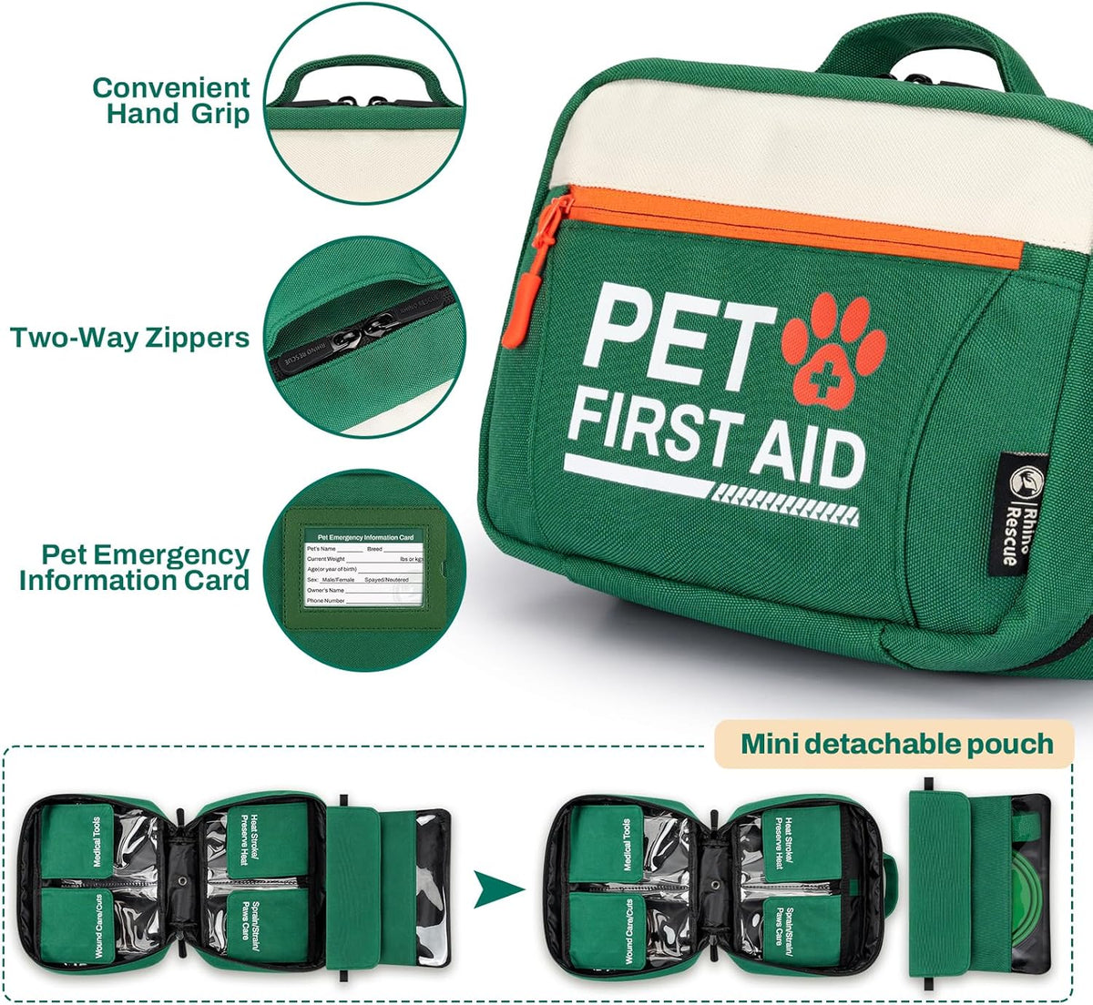 Rhino Rescue Pet First Aid Kit water resistant nine hundred denier polyester case close up.