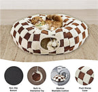 DFENGDF washable circle cushion being removed from the brown check pet bed