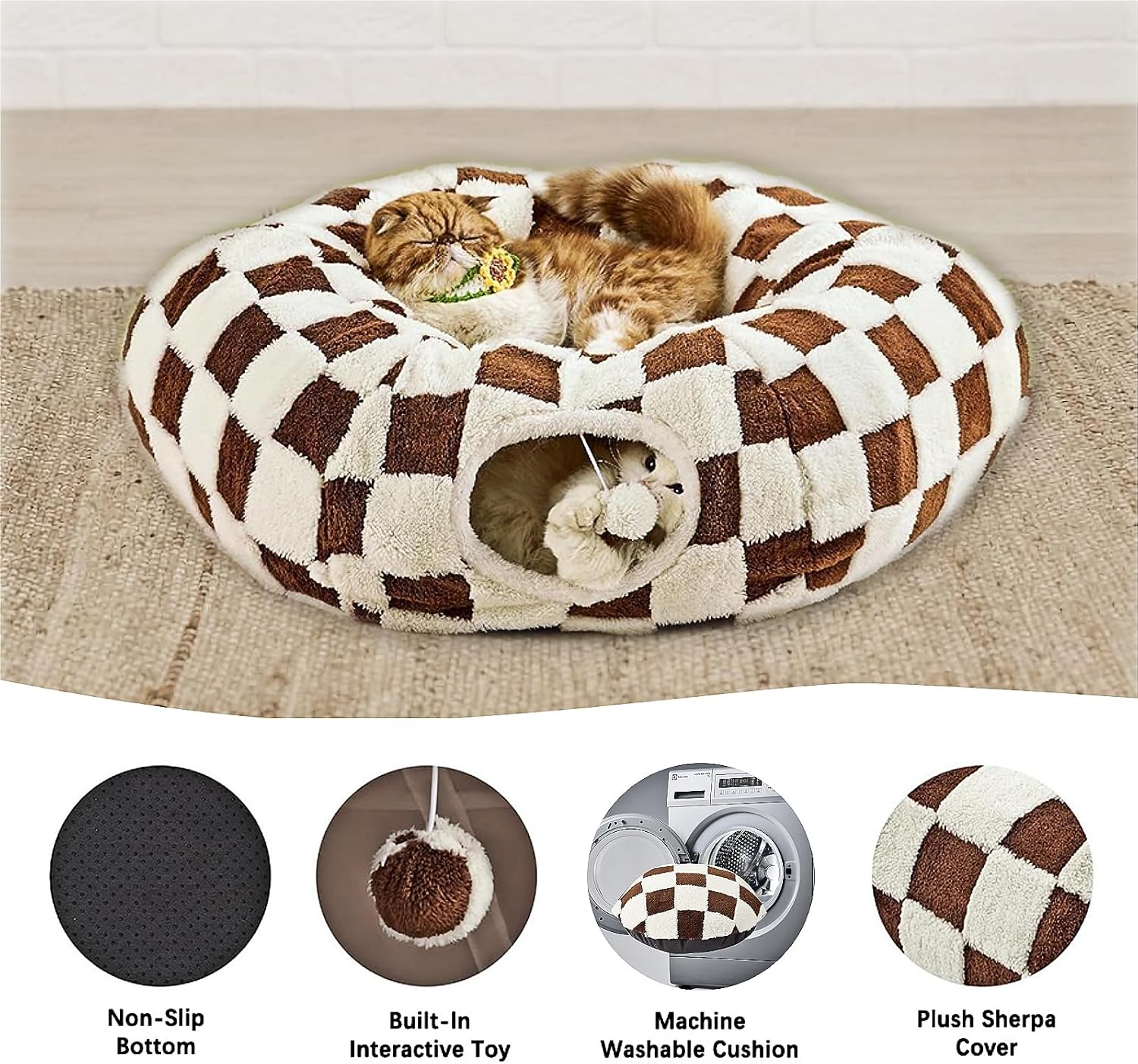DFENGDF washable circle cushion being removed from the brown check pet bed
