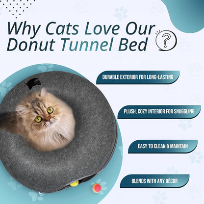 Meow Mates cat cave showing tunnel and donut bed configuration