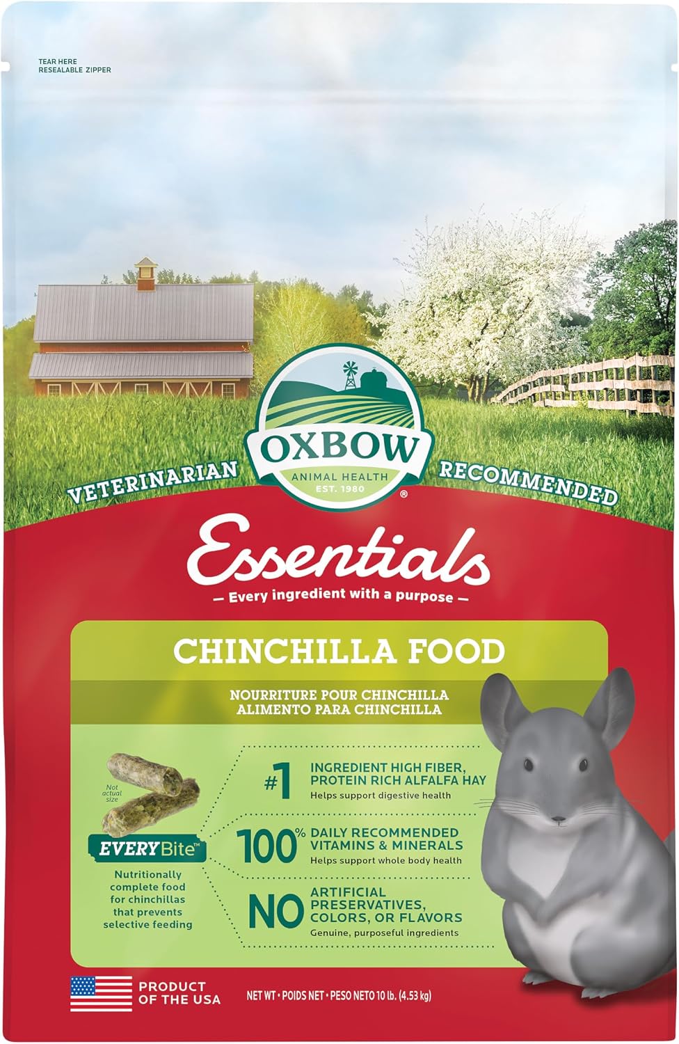 Oxbow Essentials Chinchilla Food 10 pound bag front view showing premium USA small animal pellets