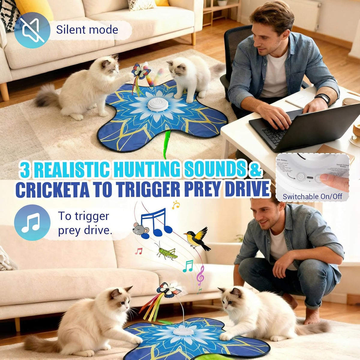 Rechargeable hide and seek cat mat showing the internal dual wands and electronic mechanism.