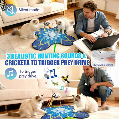 Rechargeable hide and seek cat mat showing the internal dual wands and electronic mechanism.