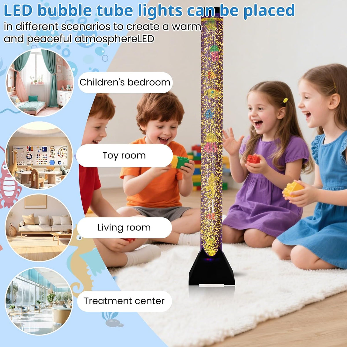 Close up of artificial fish swimming in the color changing water tower lamp