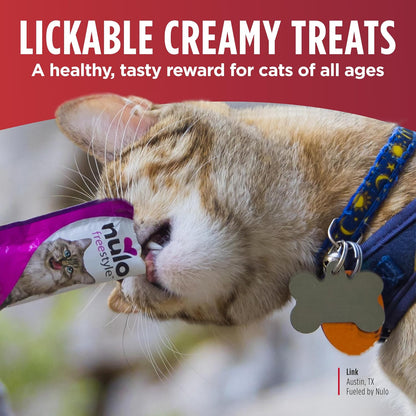 Nulo Freestyle lickable cat treats single tubes showing chicken salmon and tuna flavors