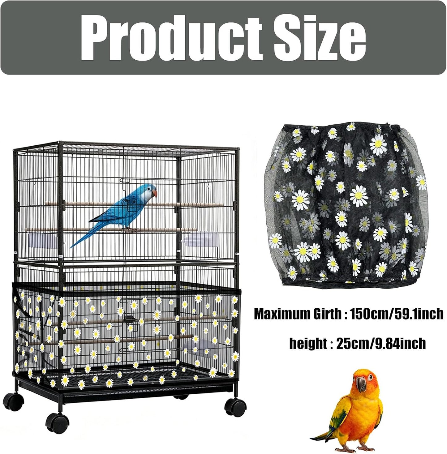 Daoeny adjustable bird cage cover mesh fabric showing yellow and white daisy pattern.