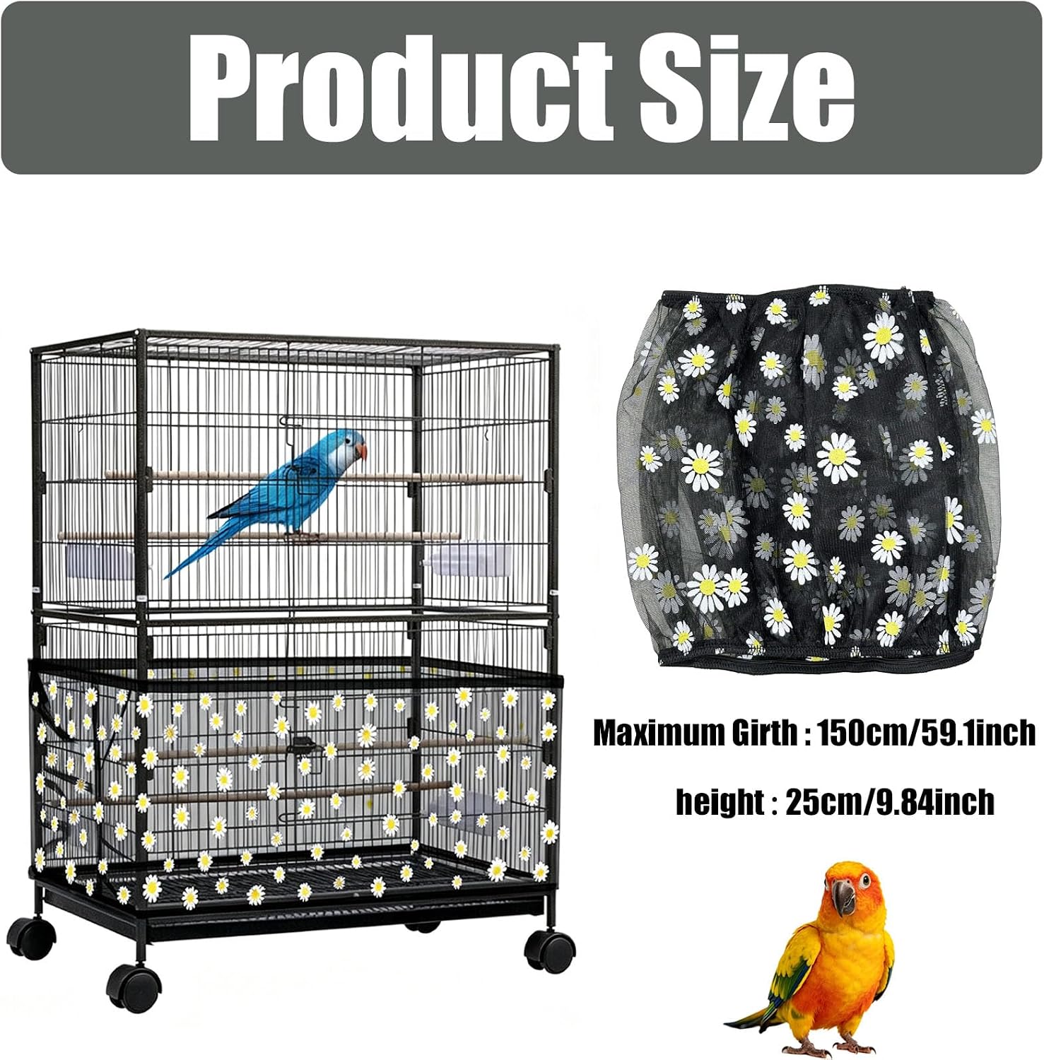 Daoeny adjustable bird cage cover mesh fabric showing yellow and white daisy pattern.