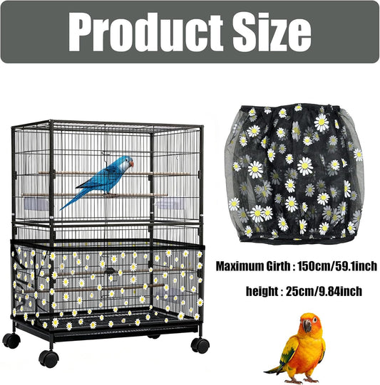 Daoeny adjustable bird cage cover mesh fabric showing yellow and white daisy pattern.