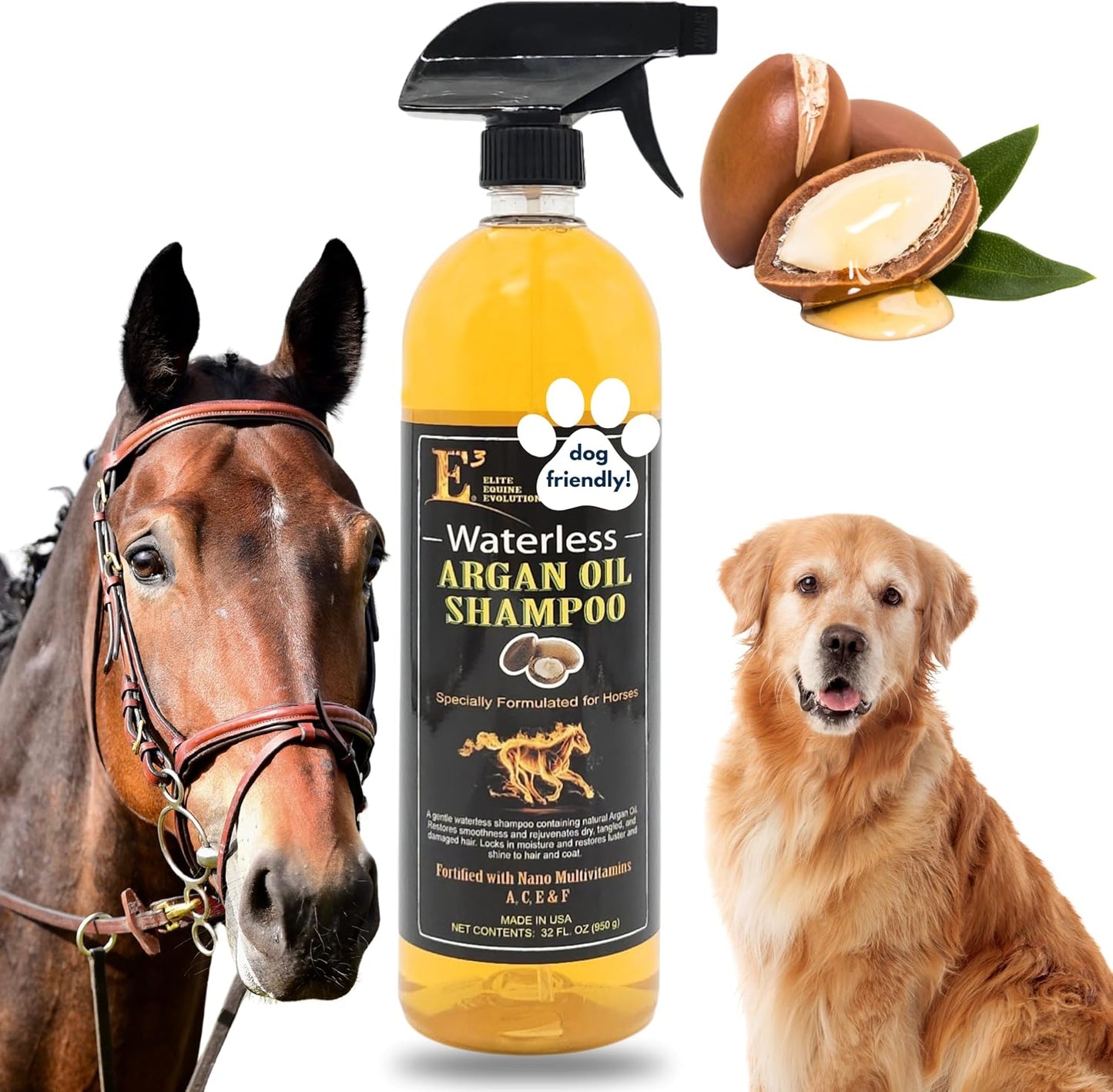 Waterless E3 Argan Oil Shampoo for horses front view bottle