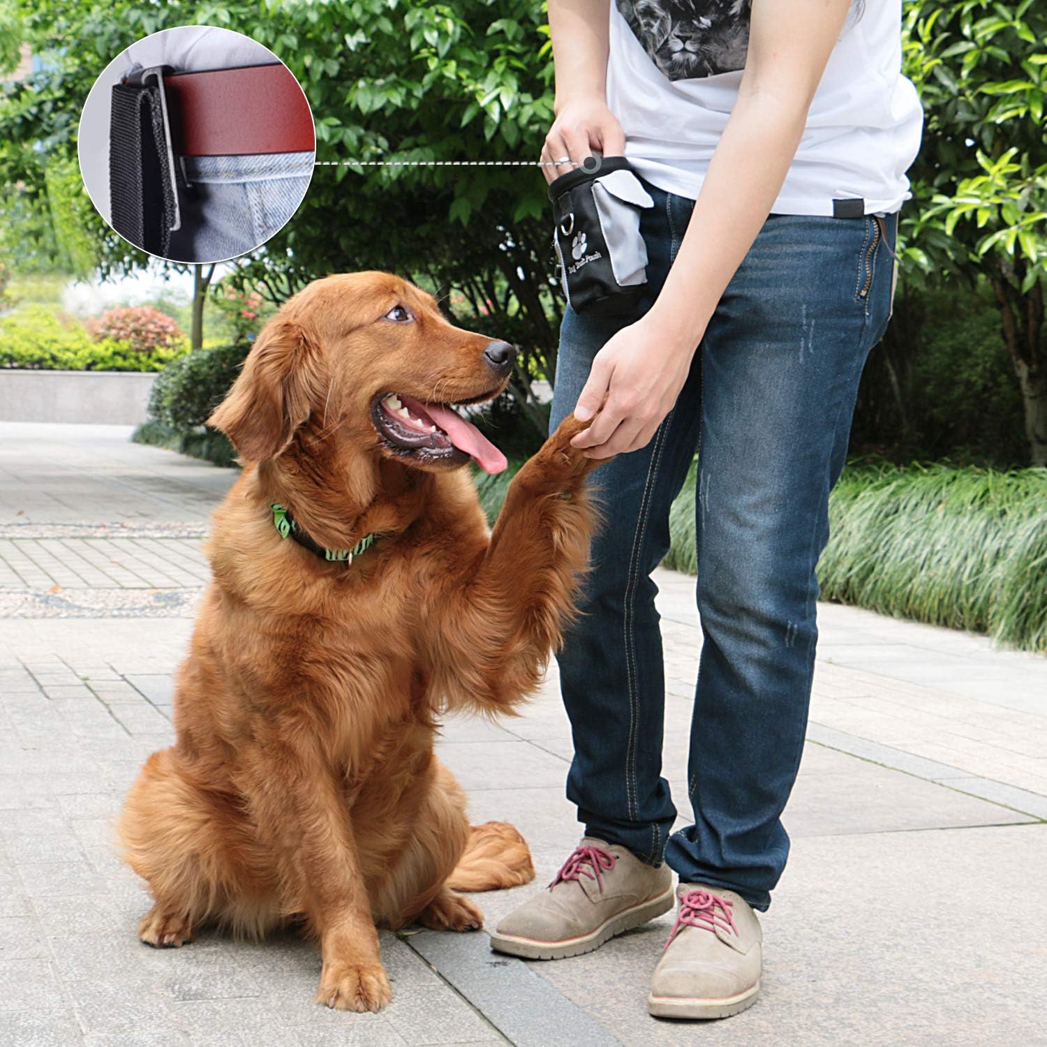 AMZNOVA black dog treat pouch showing three cups large capacity main pocket