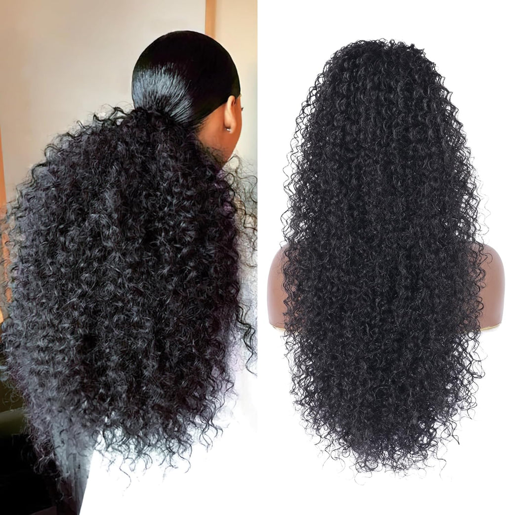 Guiling-1986 drawstring ponytail extension front view showing deep curly texture