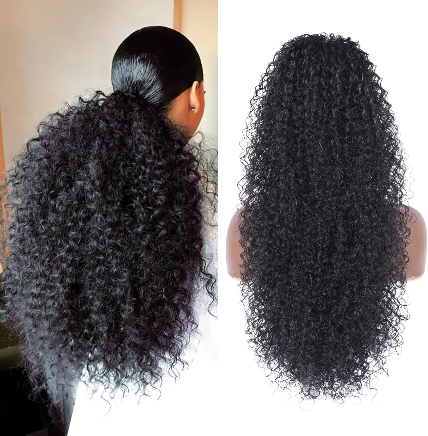 Guiling-1986 drawstring ponytail extension front view showing deep curly texture