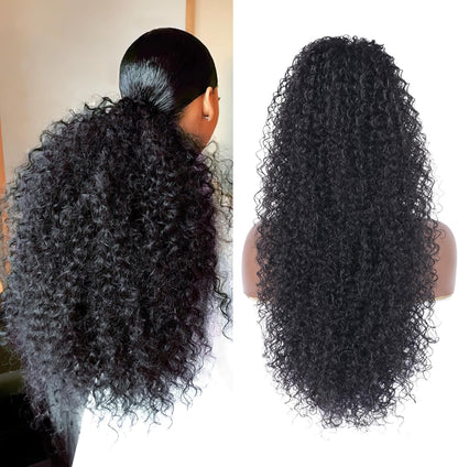 Guiling-1986 drawstring ponytail extension front view showing deep curly texture