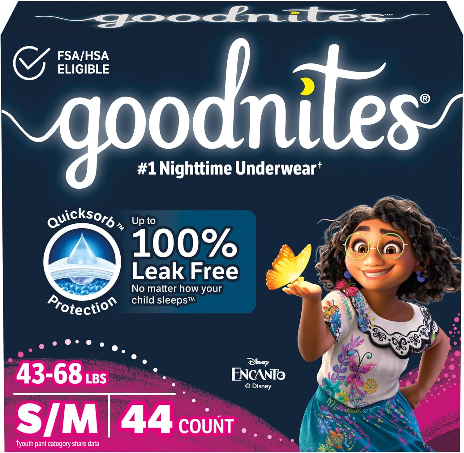 Goodnites Girls Nighttime Bedwetting Underwear front view packaging featuring Disney Encanto characters