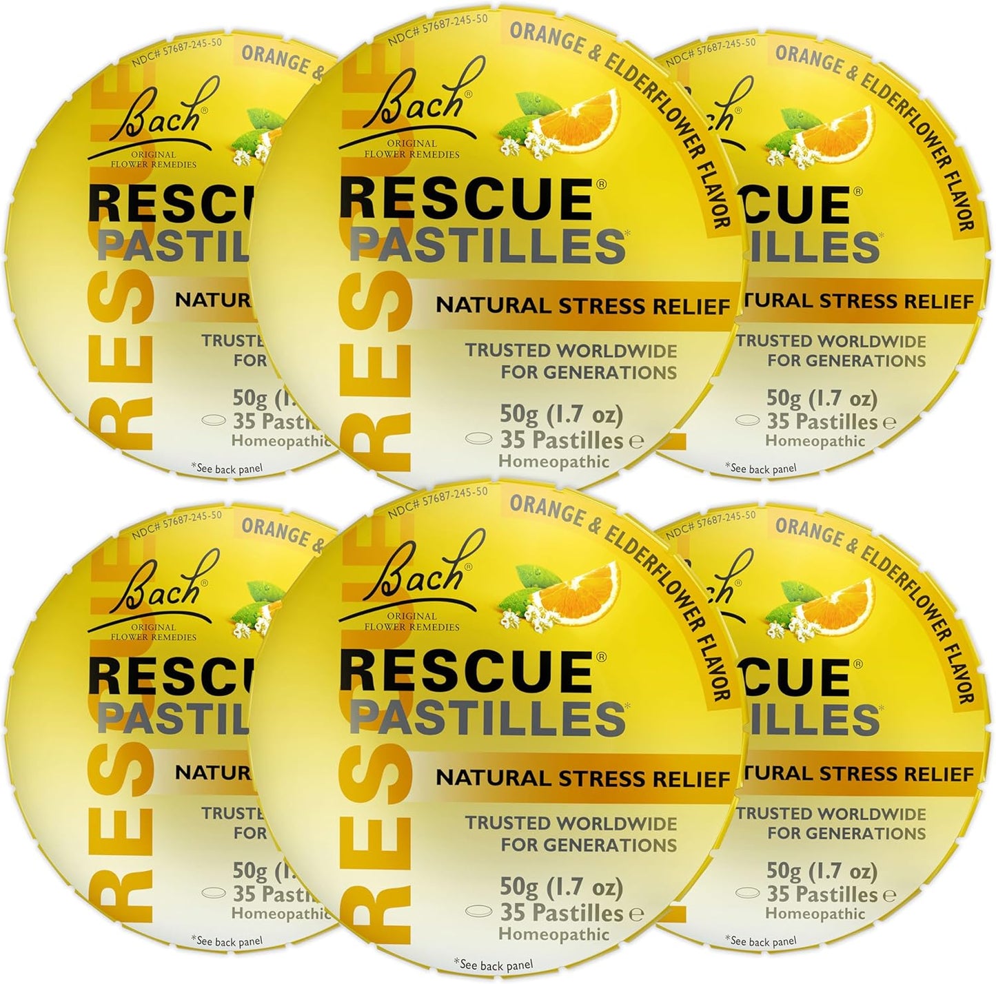 RESCUE Bach Pastilles Orange and Elderflower tin front view for stress relief.