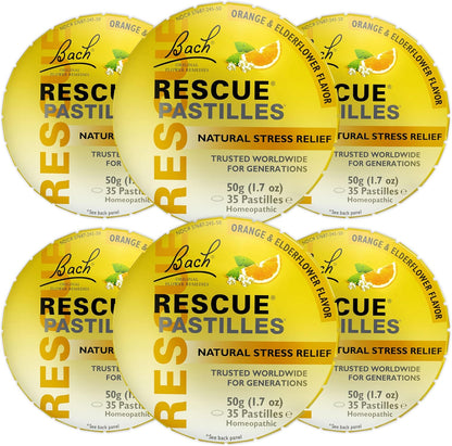 RESCUE Bach Pastilles Orange and Elderflower tin front view for stress relief.