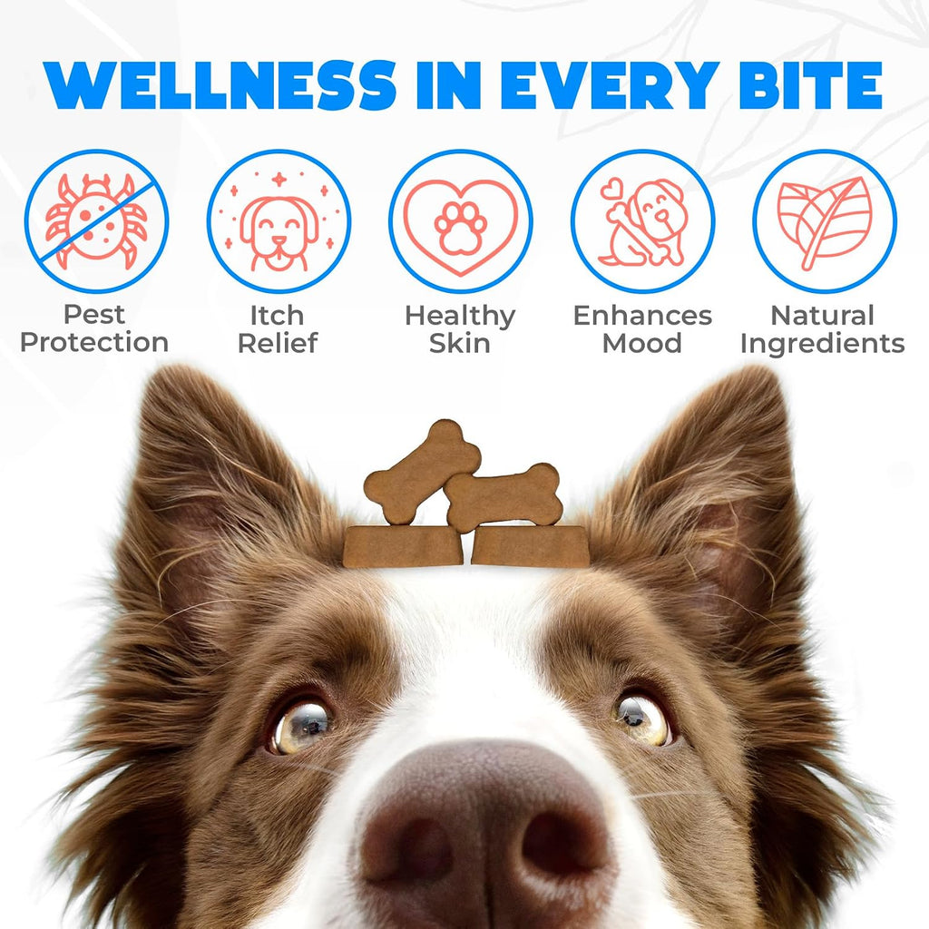 Natural flea and tick oral treatment soft chews for dogs side view showing ingredients