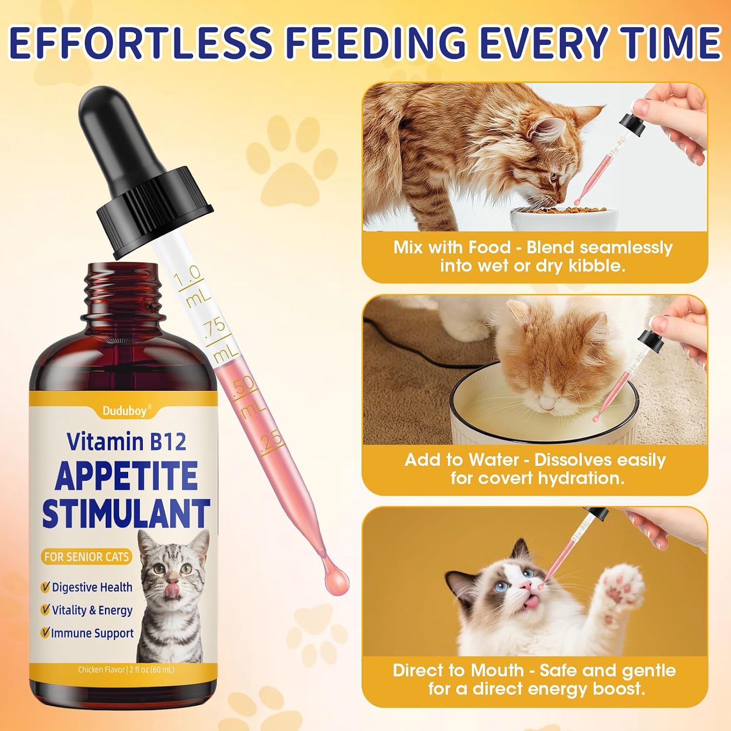 Duduboy chicken flavored cat appetizer syrup for restoring health and boosting energy in recovery felines.