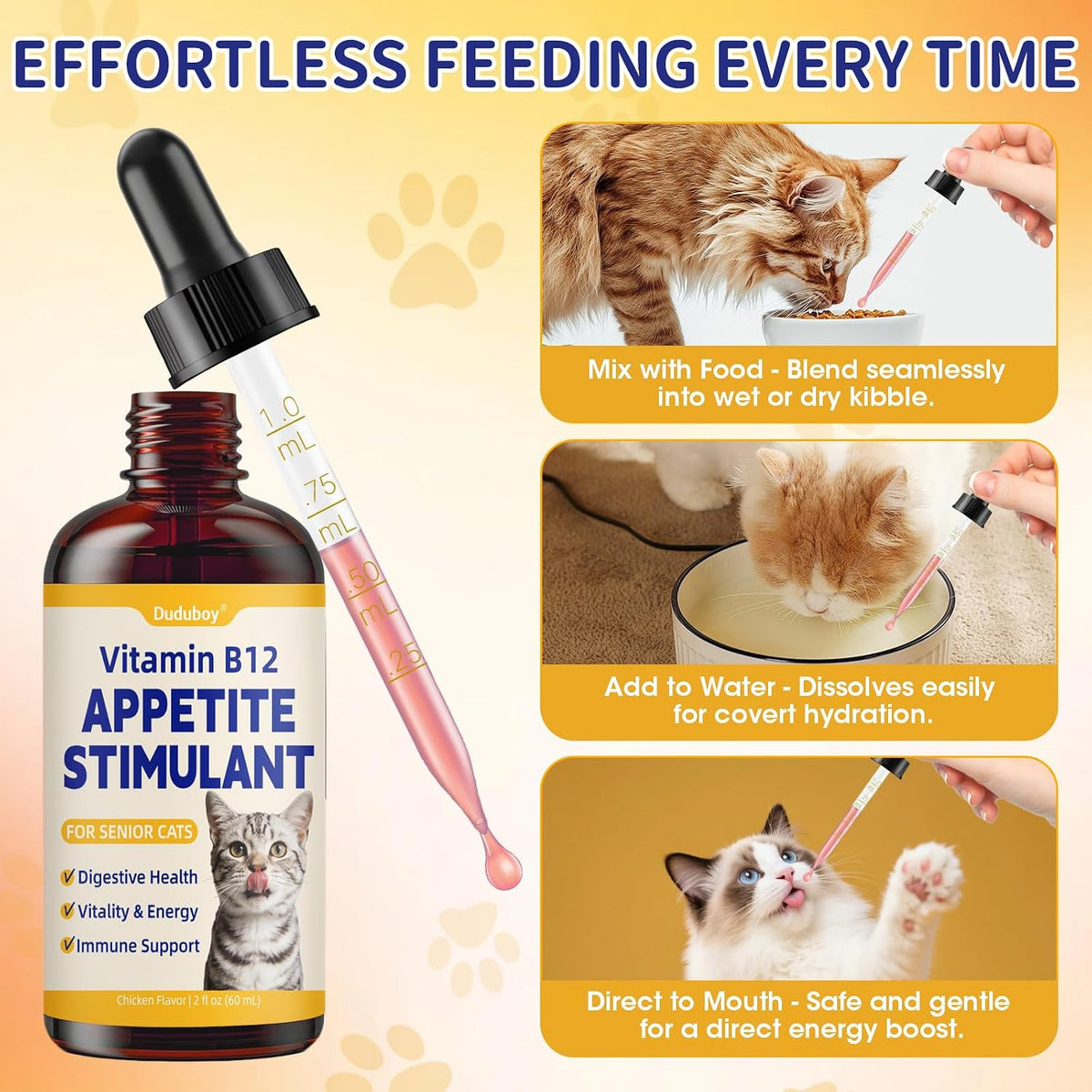 Duduboy chicken flavored cat appetizer syrup for restoring health and boosting energy in recovery felines.