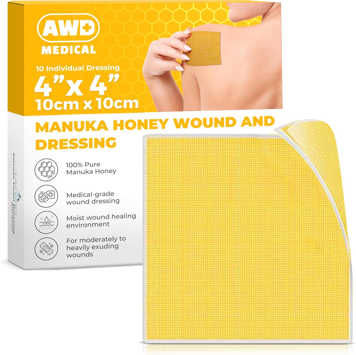 AWD Medical Manuka Honey Gauze Dressing front view of the packaging box showing 10 count wound care patches.
