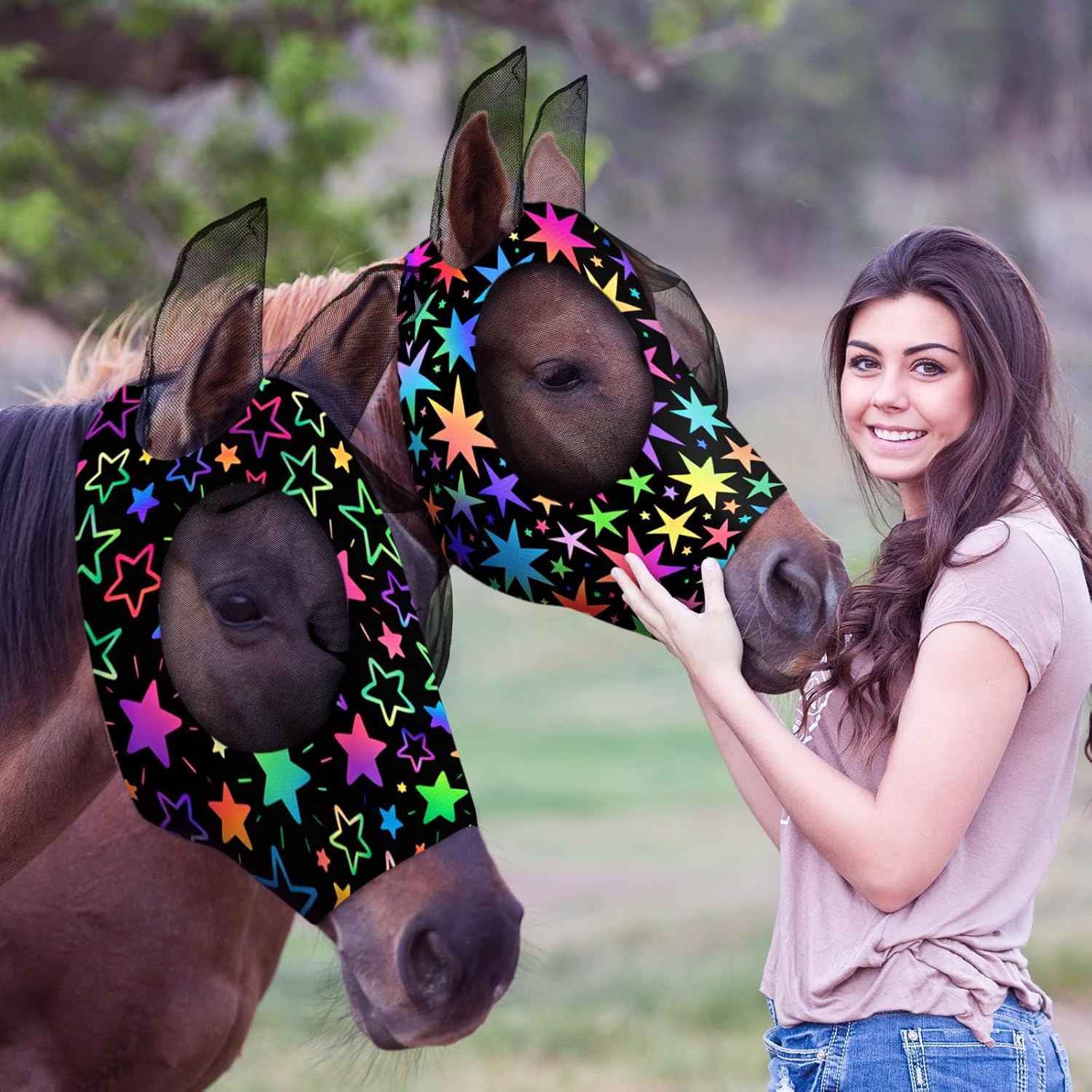 Weewooday 2 Pieces Horse Fly Masks for Horses Soft Fly Masks for Ears Smooth and Elasticity Mask with UV Protection(Tribal Grid Patterns,L) - Image 9