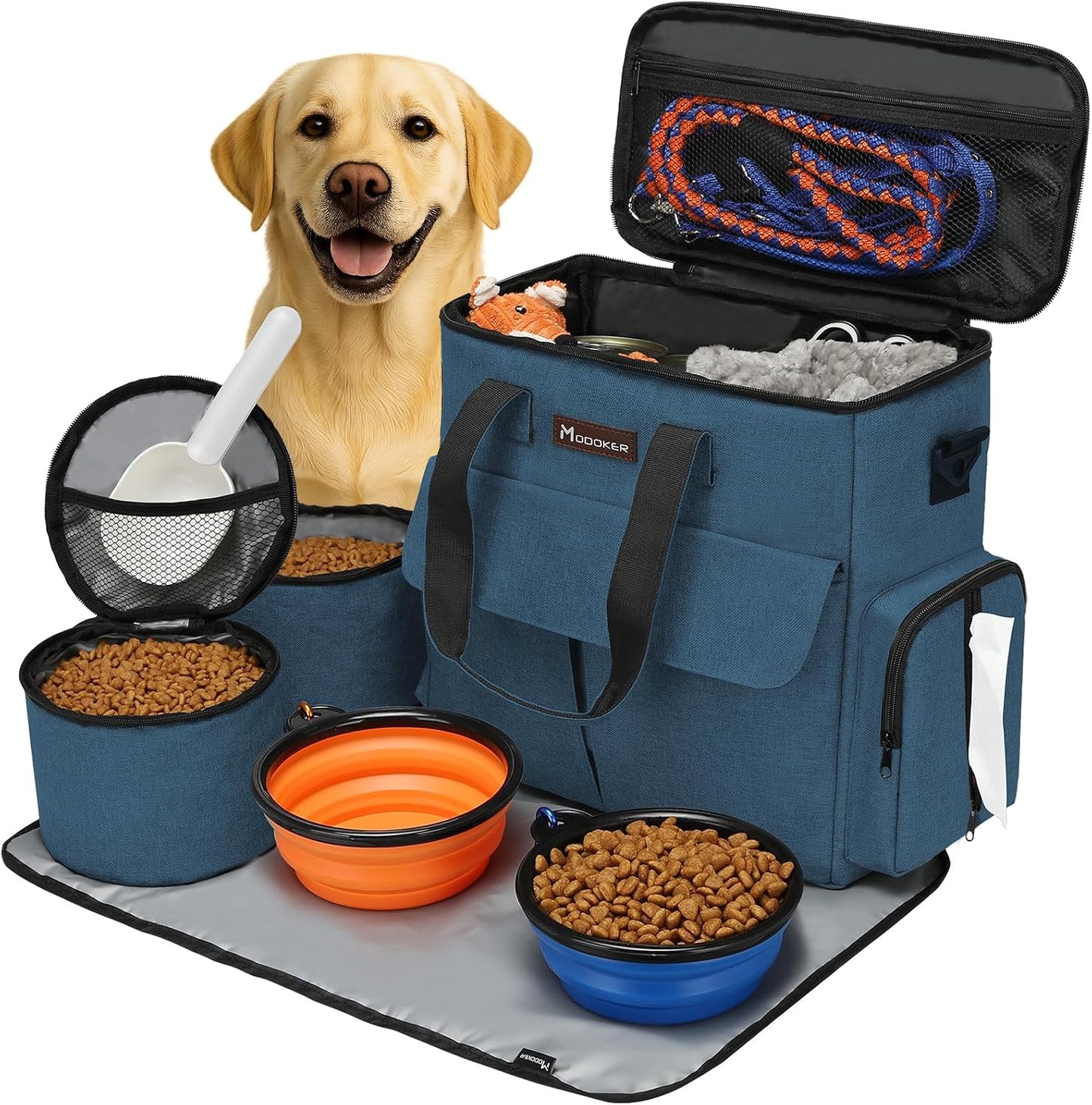 Side view of dog organizer tote showing built in poop bag dispenser