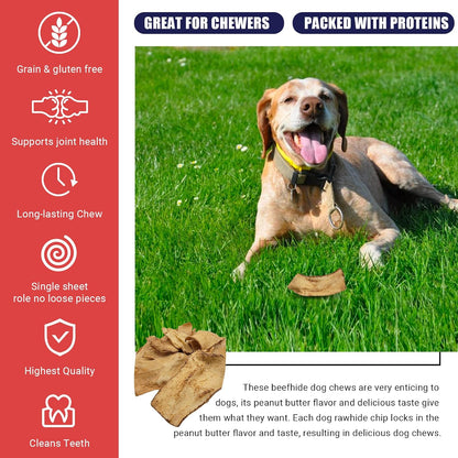 Premium basted beefhide chips highlighting the golden peanut butter coating designed for puppies to seniors.