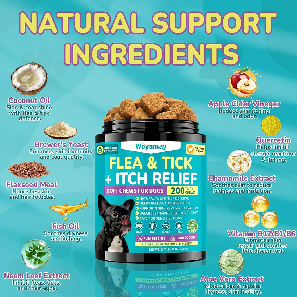 Woyamay natural dog flea and tick support chew active ingredients label
