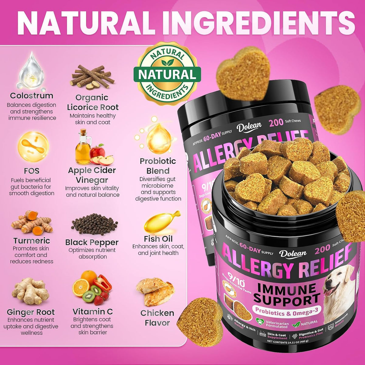 Back label of Dolean pet allergy supplement showing probiotics and colostrum ingredient list