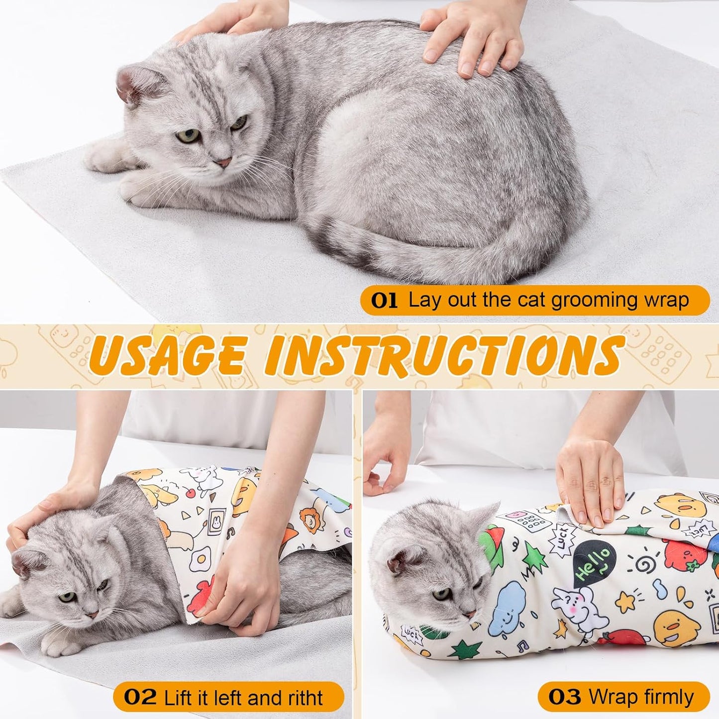 Sinfun feline grooming wrap laid flat showing secure closure texture.