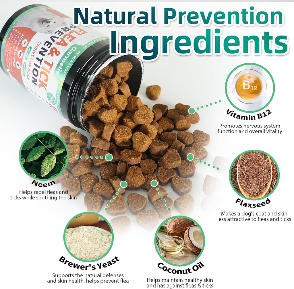 Back label of Carmelie oral flea supplement for dogs outlining weight-based feeding guidelines and dosage instructions