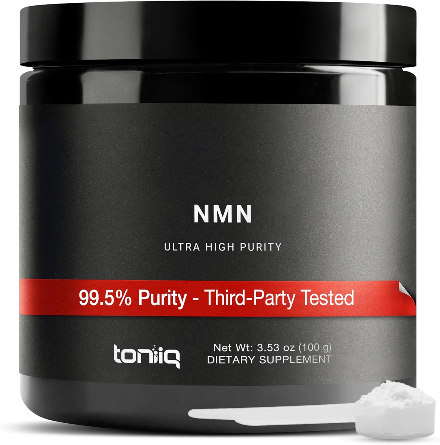 Toniiq Ultra High Purity NMN Powder 100 Grams front view container for cellular NAD support.