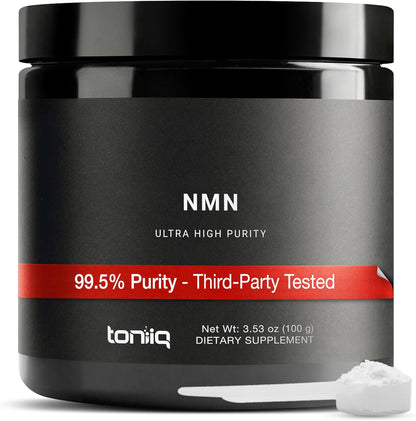 Toniiq Ultra High Purity NMN Powder 100 Grams front view container for cellular NAD support.